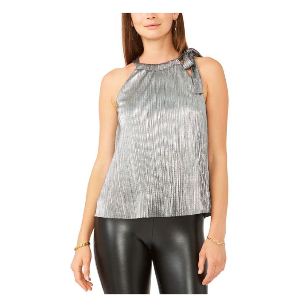 28TH & PARK Womens Top Silver Sleeveless Halter Evening Tie Neck Lined Juniors S